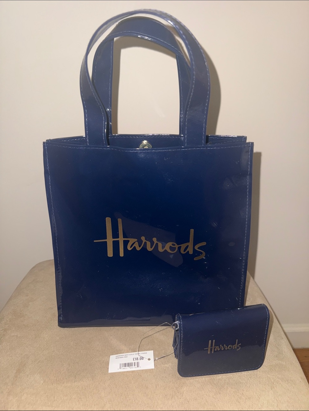 Harrods Navy Patent Tote with Gold Logo and Matching Wallet